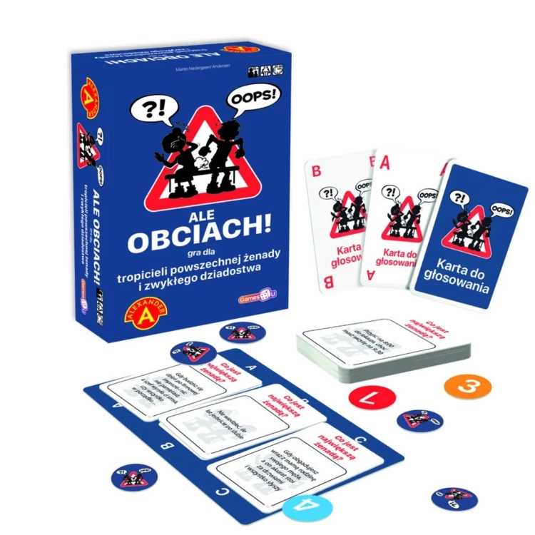Gra karciana Ale Obciach! Alexander, opakowanie i rozłożone karty do głosowania oraz pytania.