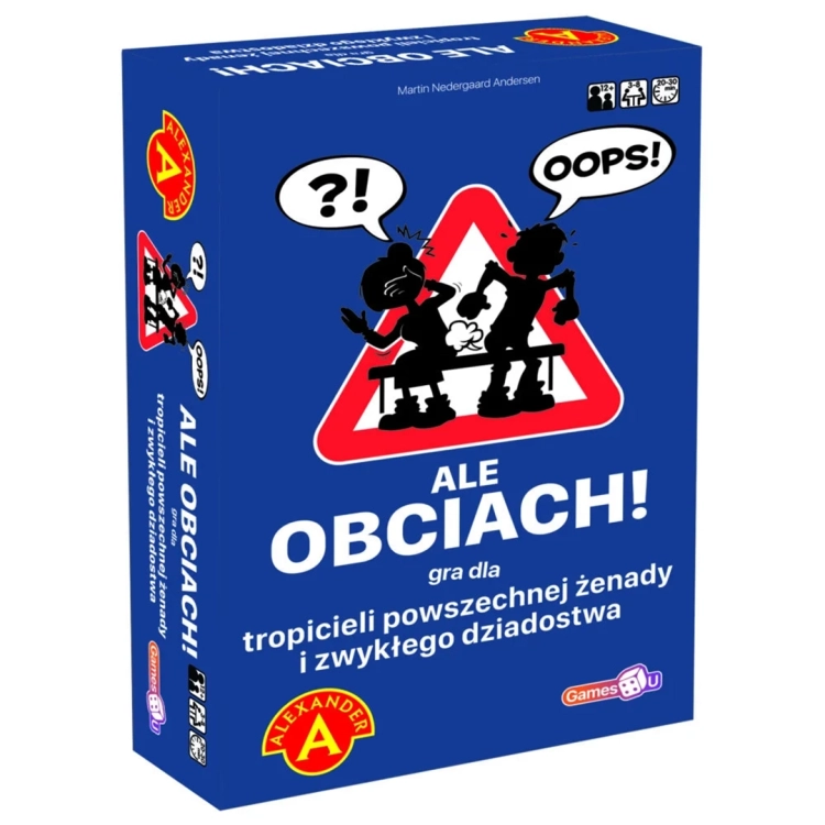 Gra karciana Ale Obciach! Alexander, front opakowania z grafiką ostrzegawczą.