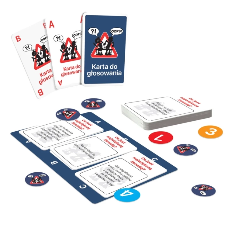Gra Ale Obciach! Alexander, rozłożone karty, żetony, karty do głosowania i plansza.