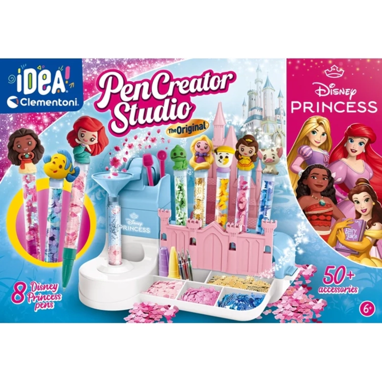 Fabryka Długopisów Księżniczki Disneya Clementoni, przód opakowania z zestawem do tworzenia.