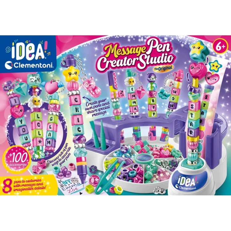 Fabryka Długopisów Clementoni, przód opakowania z kolorowymi długopisami i stacją montażową.