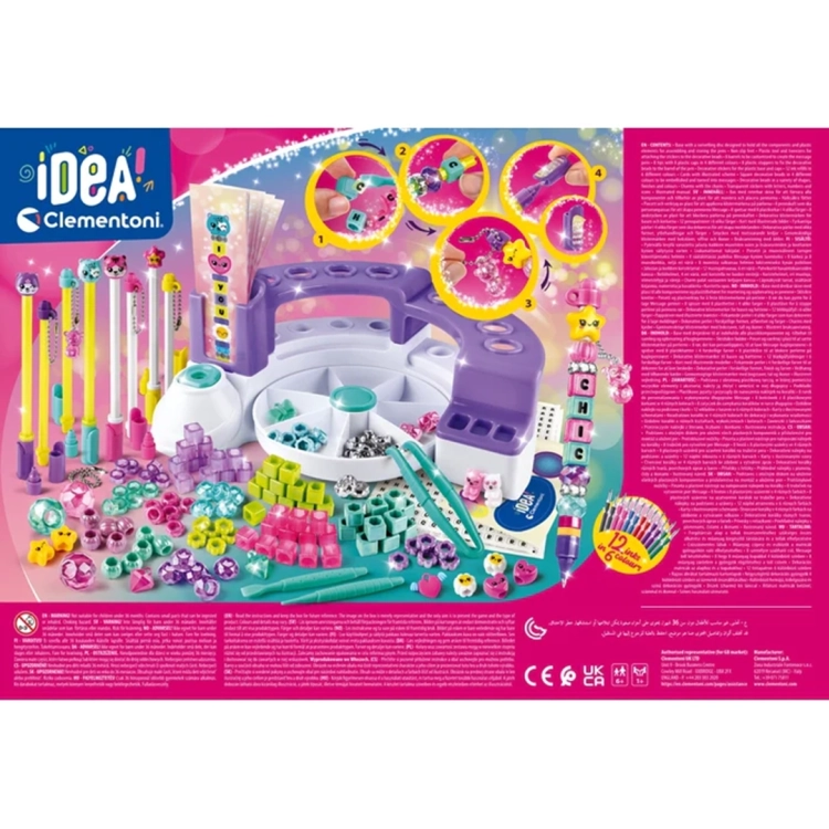 Tył opakowania Fabryki Długopisów Clementoni, instrukcje montażu i duża ilość akcesoriów.