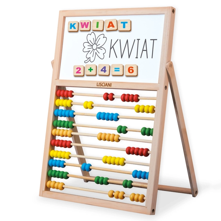 Montessori 3w1 Lisciani, drewniane liczydło z tablicą magnetyczną do nauki pisania i liczenia