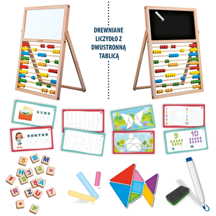 Montessori 3w1 Lisciani, elementy zestawu: liczydło, dwustronna tablica, karty, tangram i klocki.