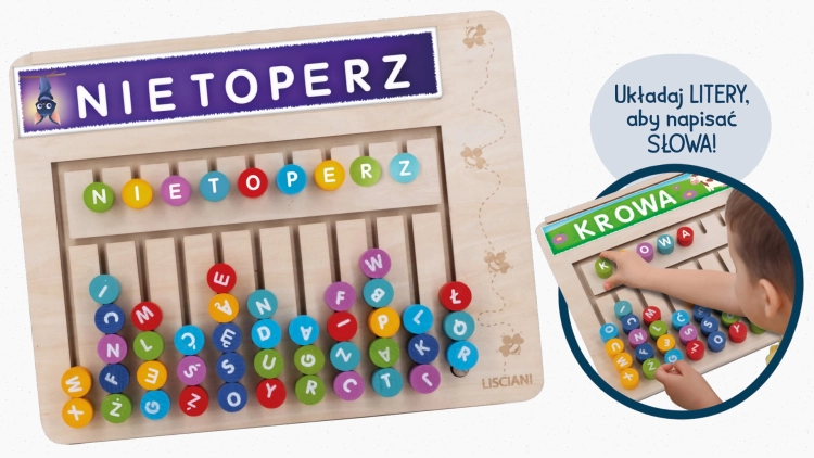 Drewniana zabawka edukacyjna Lisciani do układania słów, widoczny przykład ułożonego słowa "NIETOPERZ".