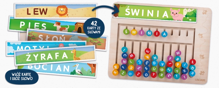 Drewniany zestaw edukacyjny Lisciani, pokaz kart ze słowami: LEW, PIES, SŁOŃ, ŻYRAFA, BOCIAN.