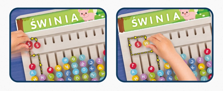 Drewniany zestaw Lisciani, instrukcja pokazująca układanie literek (ŚWINIA) w prowadnicach.