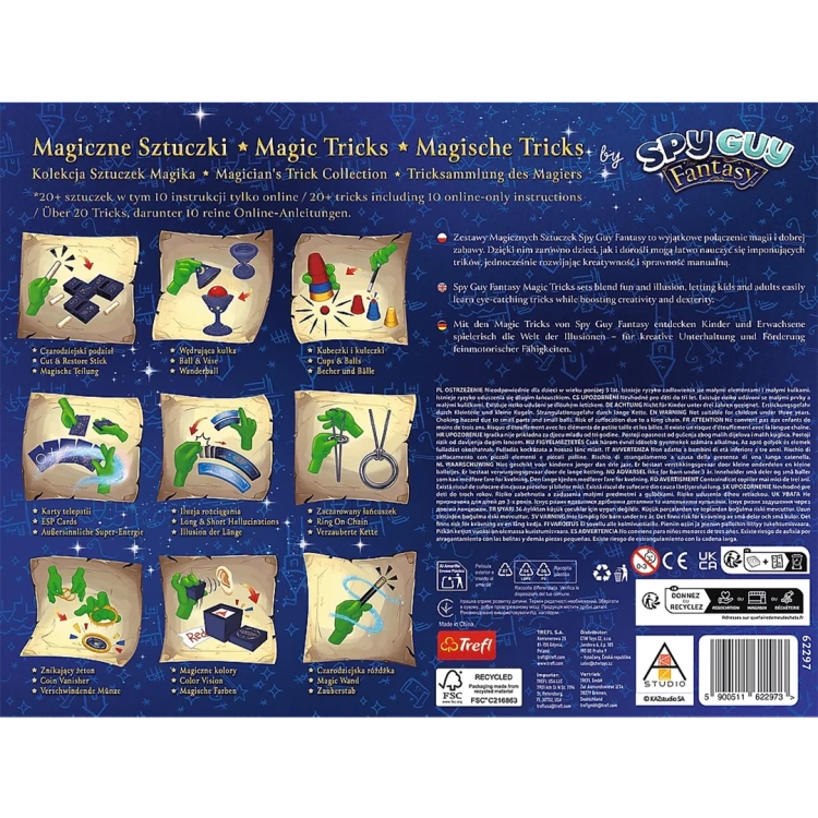 Tył opakowania zestawu Magiczne Sztuczki Spy Guy Fantasy, schematy 10 sztuczek magicznych.