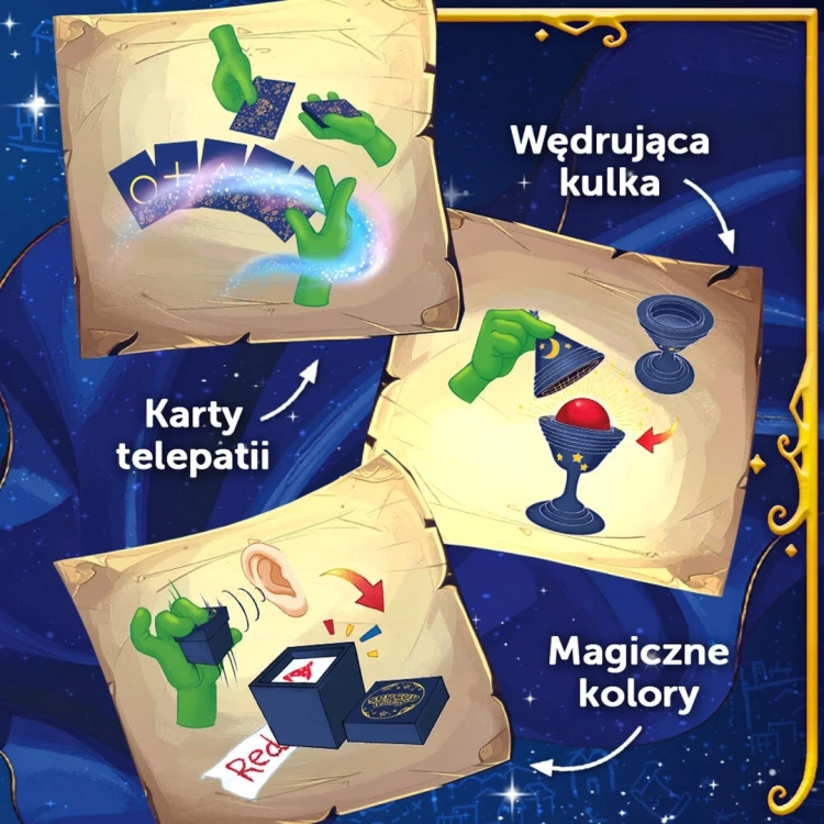Zestaw Magiczne Sztuczki Spy Guy Fantasy, instrukcje obrazkowe do sztuczek: Wędrująca kulka i Karty telepatii.