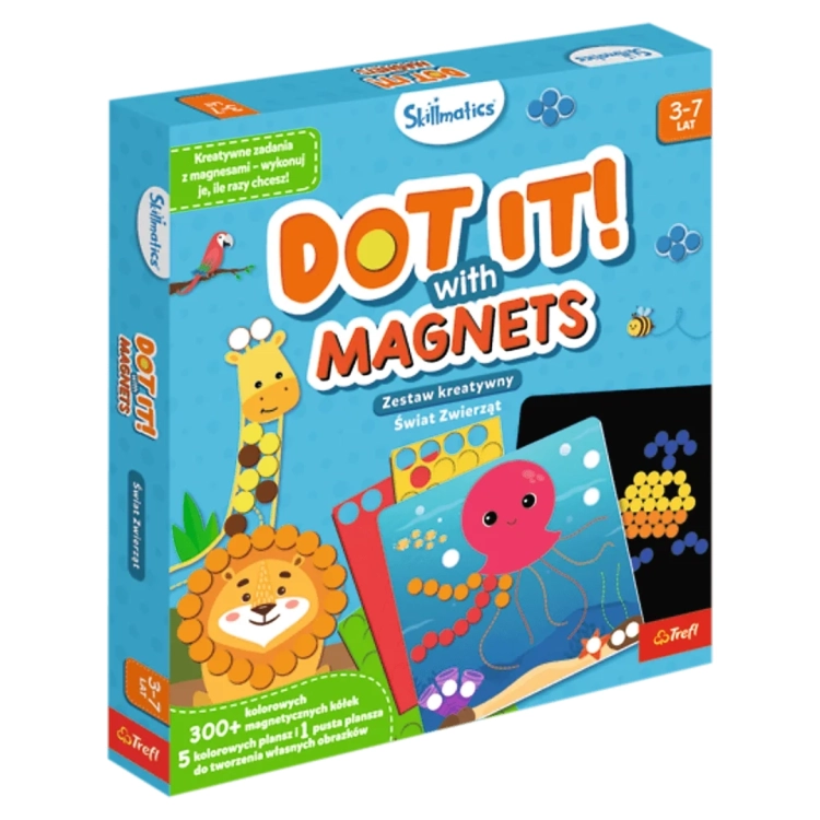 Opakowanie Skillmatics Dot it! With Magnets, zestaw kreatywny Trefl dla dzieci 3-7 lat, motyw "Świat Zwierząt" z żyrafą, lwem i ośmiornicą, 300+ magnetycznych kółek.