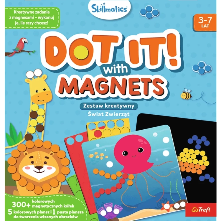 Opakowanie zestawu kreatywnego Skillmatics Dot it! With Magnets "Świat Zwierząt" (Trefl 3-7 lat) z ilustracjami zwierząt i informacją o 300+ magnetycznych kółkach.