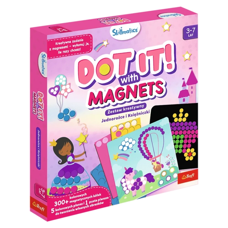 Pudełko zestawu Skillmatics Dot It! with Magnets Jednorożce i Księżniczki, kreatywne zadania z magnesami, wiek 3-7 lat.