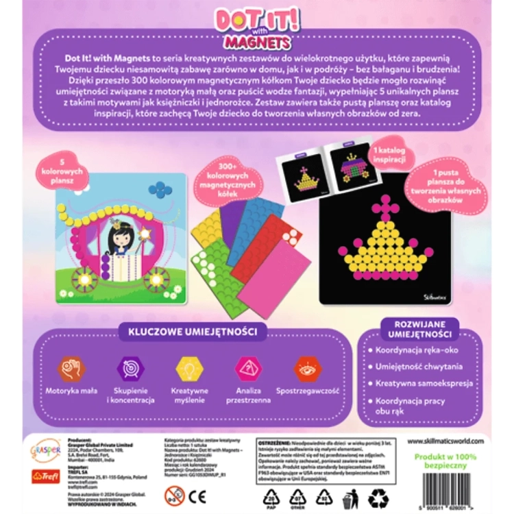 Tył opakowania Skillmatics Dot It! – opis kluczowych umiejętności (motoryka, koncentracja) i zawartość zestawu magnesów i plansz.