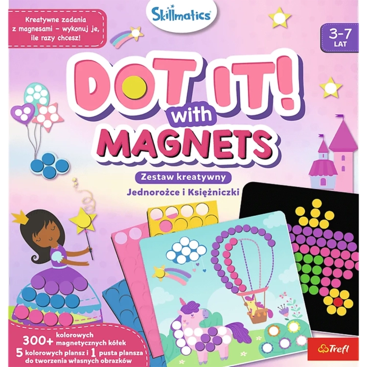 Duży obraz przodu pudełka Kreatywne zadania z magnesami Skillmatics Dot It! Jednorożce i Księżniczki Trefl.