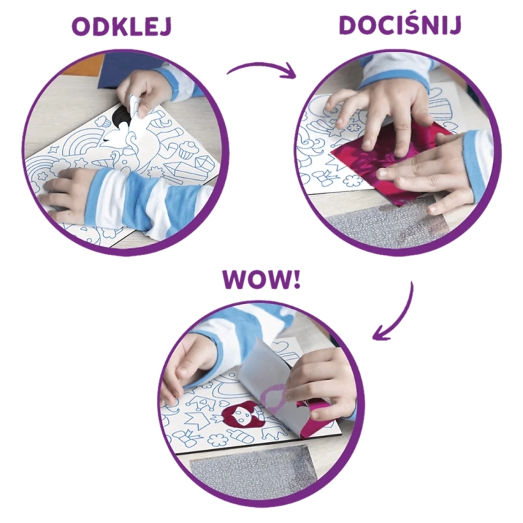 Trzy zdjęcia pokazujące proces tworzenia obrazu z folii w zestawie Skillmatics Foil Fun (Odklejanie, Dociśnięcie folii, Odkrycie gotowego obrazka).