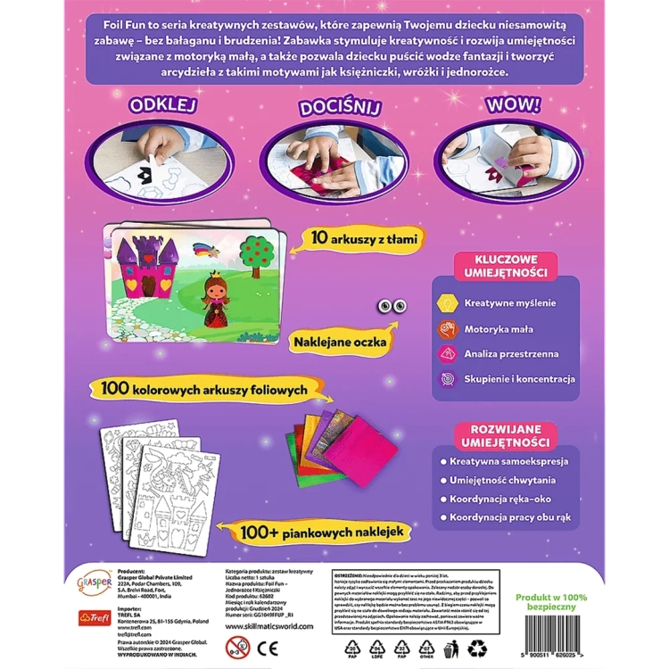 Tył opakowania Skillmatics Foil Fun z instrukcją krok po kroku (Odklej, Dociśnij, WOW!) i opisem zawartości.