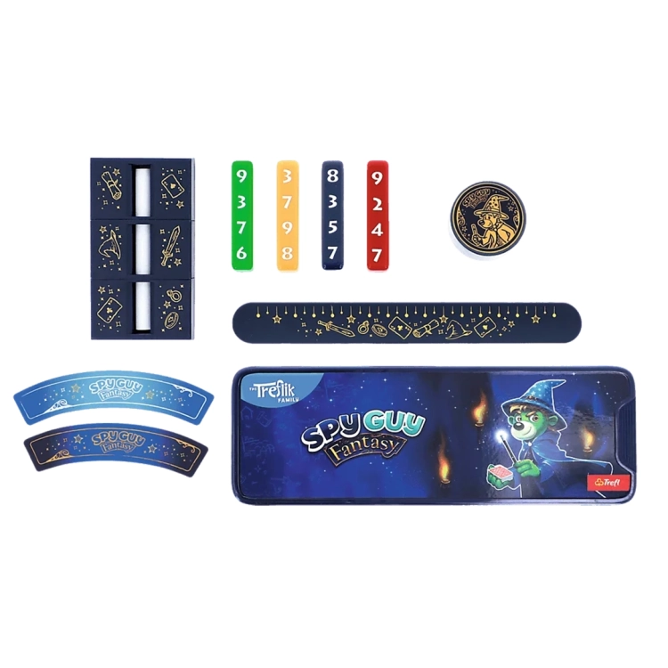 Zawartość zestawu Magiczne Sztuczki Spy Guy Fantasy – przedmioty do sztuczek, w tym karty z liczbami, paski i piórnik.