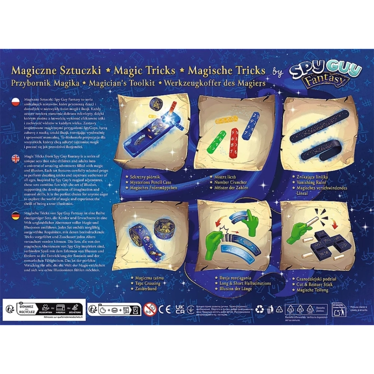 Tył opakowania zestawu Magiczne Sztuczki by Spy Guy Fantasy z opisem 6 przykładowych sztuczek (m.in. Sekretny piórnik, Iluzja rozciągania).