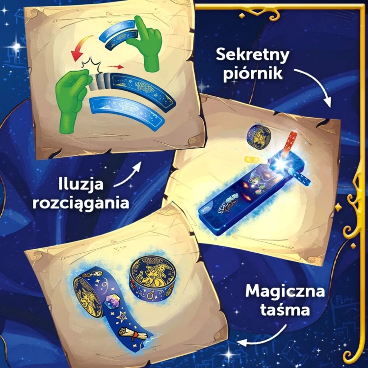 Ilustracje prezentujące wybrane sztuczki z zestawu Spy Guy Fantasy Przybornik Magika – Iluzja rozciągania, Sekretny piórnik i Magiczna taśma.