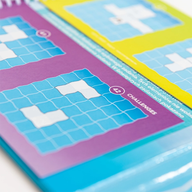 Widok na otwartą książeczkę z zadaniami logicznymi Parada Pingwinów Smart Games, prezentującą poziomy trudności (np. 42 Challenges).