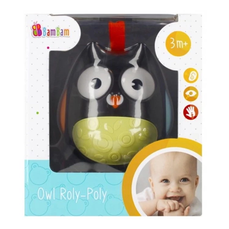 Pudełko zabawki BamBam Owl Roly-Poly Wańka-Wstańka Sówka (wiek 3m+), ukazujące walory rozwojowe (słuch, wzrok, dotyk).