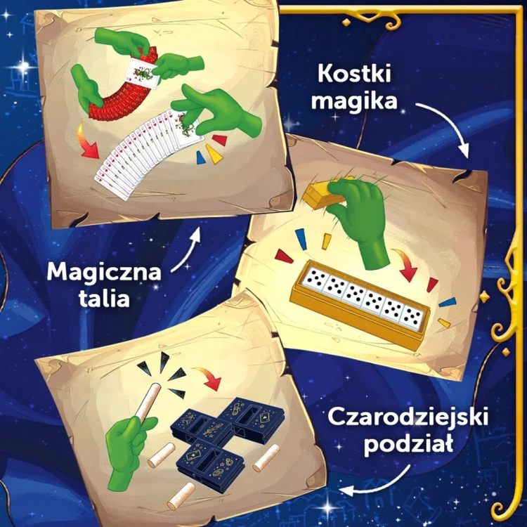 Ilustracje prezentujące sztuczki: Magiczna talia, Kostki magika i Czarodziejski podział z zestawu Spy Guy Fantasy Trefl.