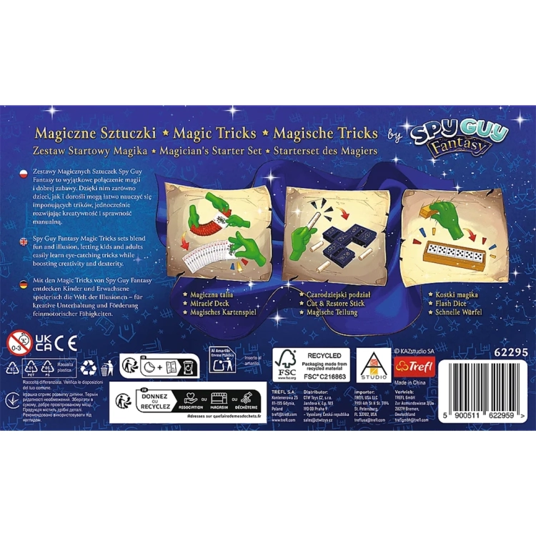 Tył opakowania Magiczne Sztuczki by Spy Guy Fantasy Zestaw Startowy Magika, opisujący 6 sztuczek (m.in. Magiczna talia, Kostki magika).