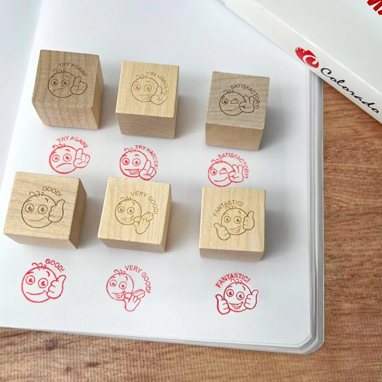 Stemple motywacyjne ANGIELSKIE - zestaw 6 drewnianych stempli z emocjonalnymi buźkami (Try Again, Try Harder, Satisfactory, Good, Very Good, Fantastic) w zeszycie na białej kartce