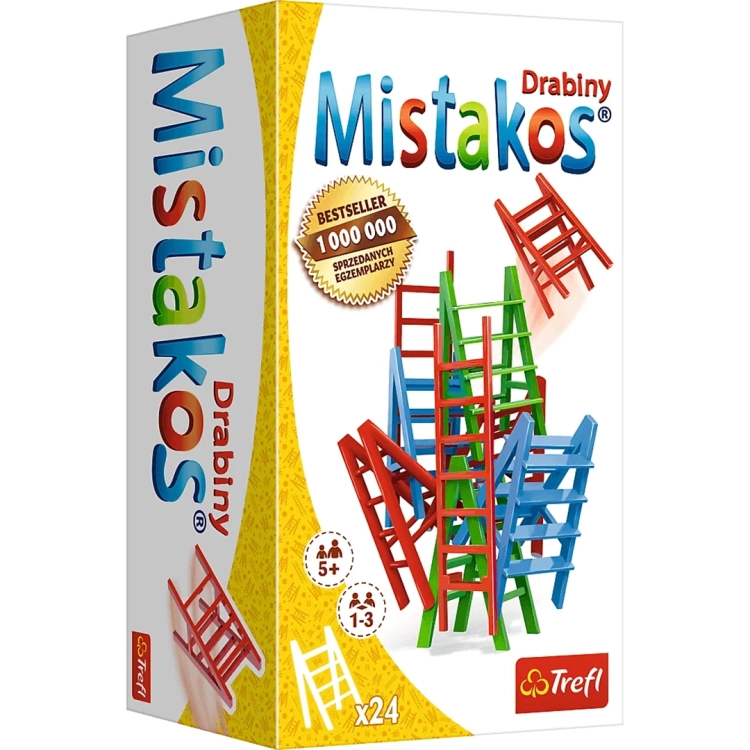 Opakowanie gry Mistakos Drabiny Trefl z napisem BESTSELLER i informacją o 1 000 000 sprzedanych egzemplarzy oraz rozsypanymi, ułożonymi w stos czerwonymi, zielonymi i niebieskimi plastikowymi drabinami.