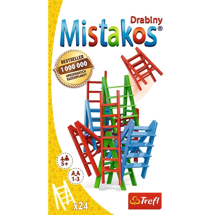Przód opakowania gry Mistakos Drabiny Trefl z ilustracją z drabin, bestseller 1 000 000 sprzedanych egzemplarzy.