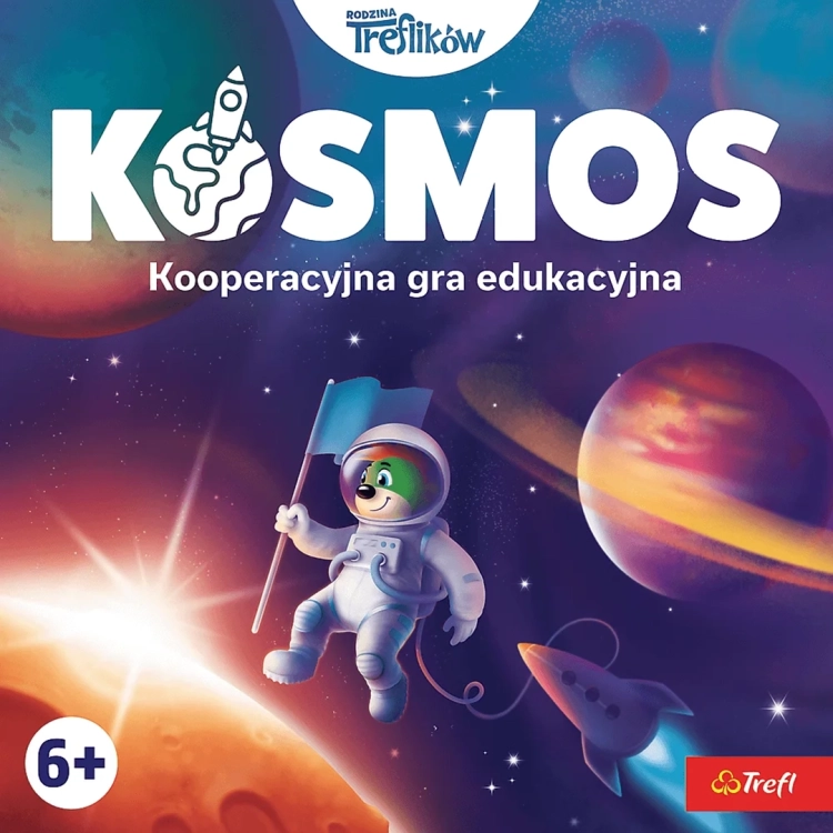 Ujęcie przodu opakowania gry KOSMOS Rodzina Treflików – kooperacyjna gra edukacyjna, z postaciami Treflików w kosmosie i oznaczeniem 6+.