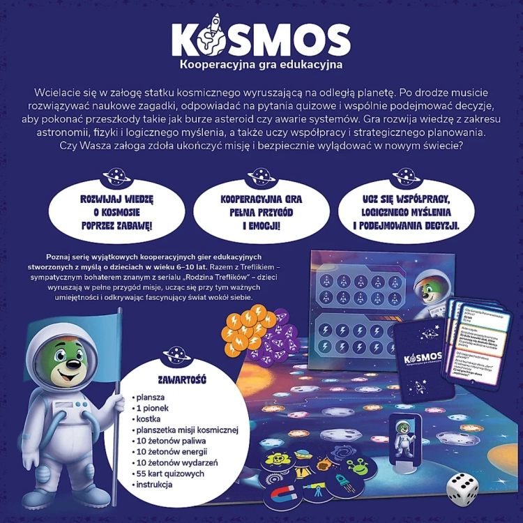 Plansza kooperacyjnej gry edukacyjnej KOSMOS Rodzina Treflików - opis, zasady, zawartość, z wizerunkiem postaci Treflika w kombinezonie kosmicznym.