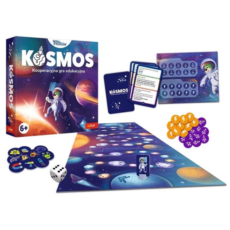 ompletny zestaw gry edukacyjnej KOSMOS Rodzina Treflików z widocznym opakowaniem, planszą, żetonami, kartami i kostką na białym tle.