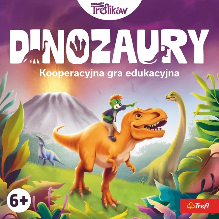 Zbiorcze ujęcie przodu opakowania gry DINOZAURY Rodzina Treflików – kooperacyjna gra edukacyjna, z Treflikiem na tyranozaurze i oznaczeniem 6+.
