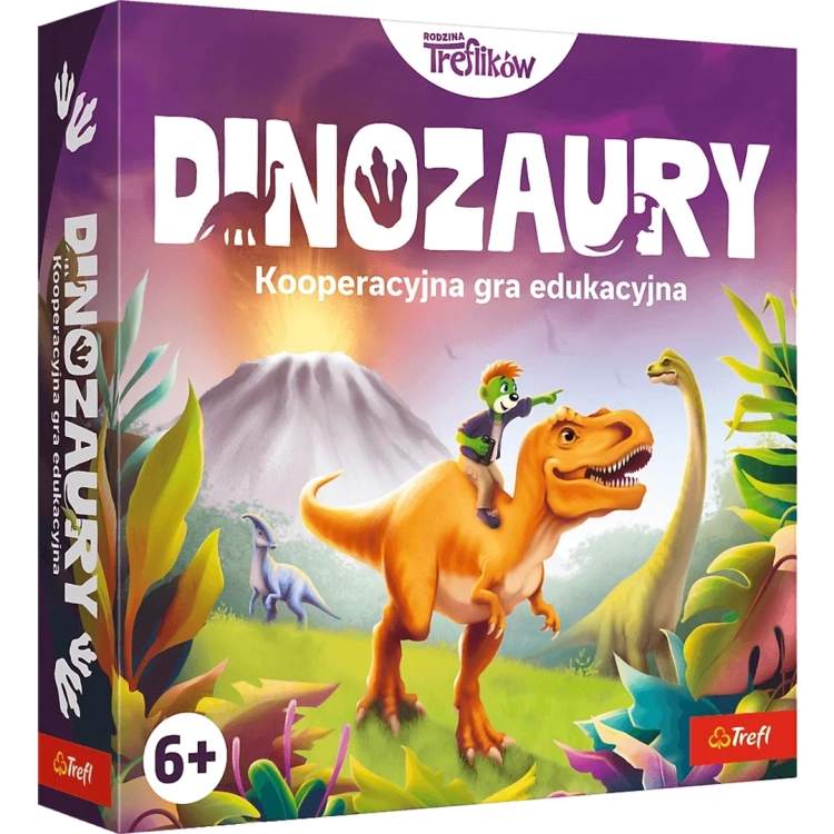 Pudełko kooperacyjnej gry edukacyjnej Trefl DINOZAURY Rodzina Treflików, z wizerunkiem Treflika jadącego na tyranozaurze w prehistorycznym krajobrazie, oznaczenie wieku 6+.