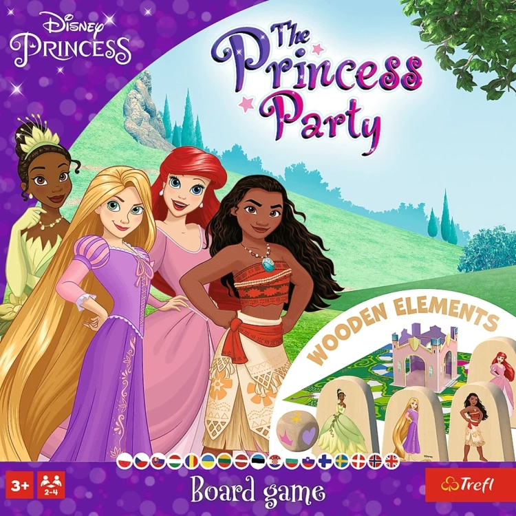Opakowanie gry planszowej Disney The Princess Party z drewnianymi elementami: Tiana, Roszpunka, Ariel, Vaiana w zielonym otoczeniu, na dole oznaczenie 3+ i 2-4 graczy.