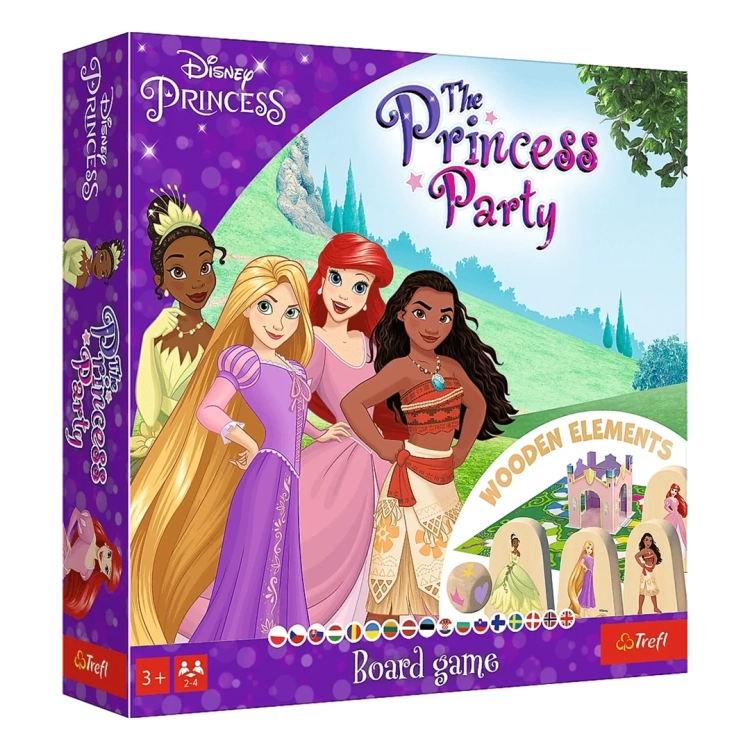 Pudełko gry planszowej Disney The Princess Party z wizerunkiem księżniczek Tiana, Roszpunka, Ariel i Vaiana, zawiera drewniane elementy, na dole oznaczenie 3+ i 2-4 graczy.