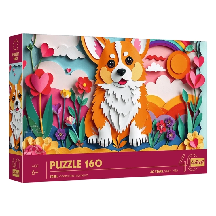 Trefl Puzzle 160 Paper Art Corgi - uroczy piesek corgi wycięty z papieru w kolorowej scenerii, tęcza, serduszka, kwiaty.