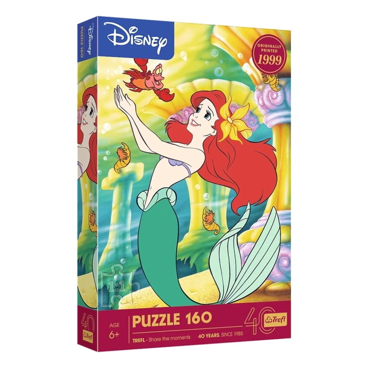 Puzzle Trefl 160 Disney Mała Syrenka - pudełko na puzzle z Ariel i Sebastianem pod wodą. Napisy: Disney, Puzzle 160, Age 6+, 40 Years Since 1985.