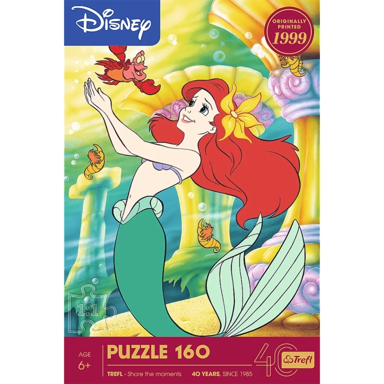 Puzzle Trefl 160 Disney Mała Syrenka - opakowanie widok pod kątem, informacja o 40-leciu Trefl i oryginalnym wydruku w 1999.