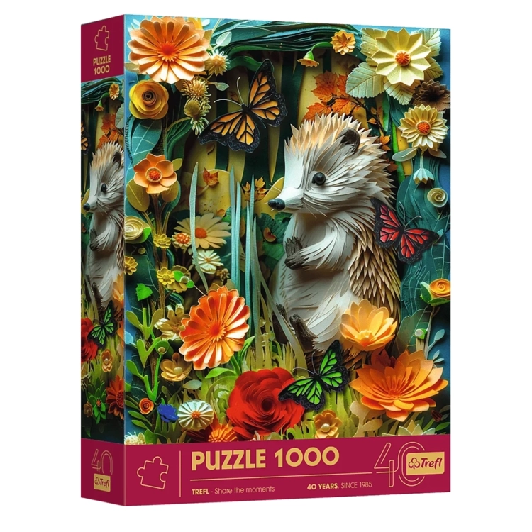 Puzzle Trefl 1000 3D Jeż - pionowe pudełko z papierowym jeżem w kwiatach, informacja: Puzzle 1000, 40 lat Trefl.