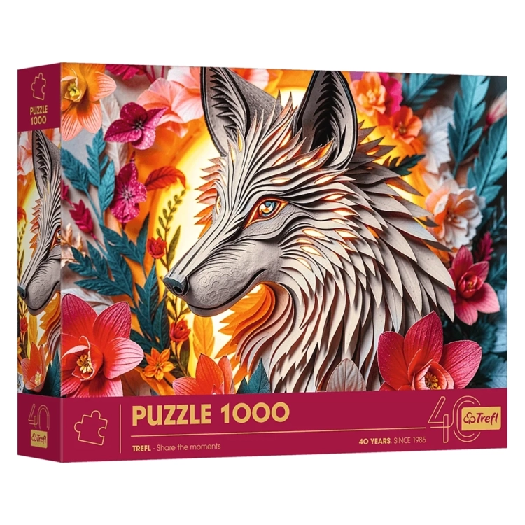 Pudełko puzzli Trefl 1000 elementów z efektem 3D, motyw WILK w kwiatach, edycja 40-lecia, 12+.