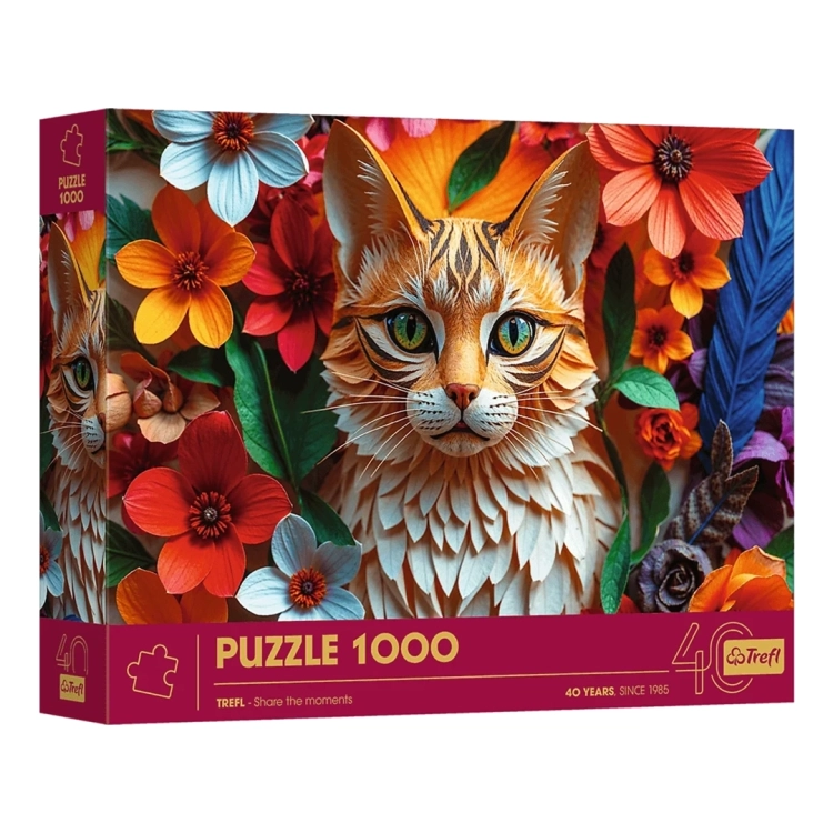 Puzzle Trefl 1000 elementów z efektem 3D na 40-lecie, motyw kot i kolorowe kwiaty w stylu papercraft, opakowanie produktu.