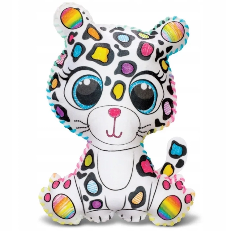 Gotowa, kolorowa pantera maskotka DIY, do uszycia i pokolorowania z zestawu Creative Studio, duże oczy, stylizowany wzór cętek.