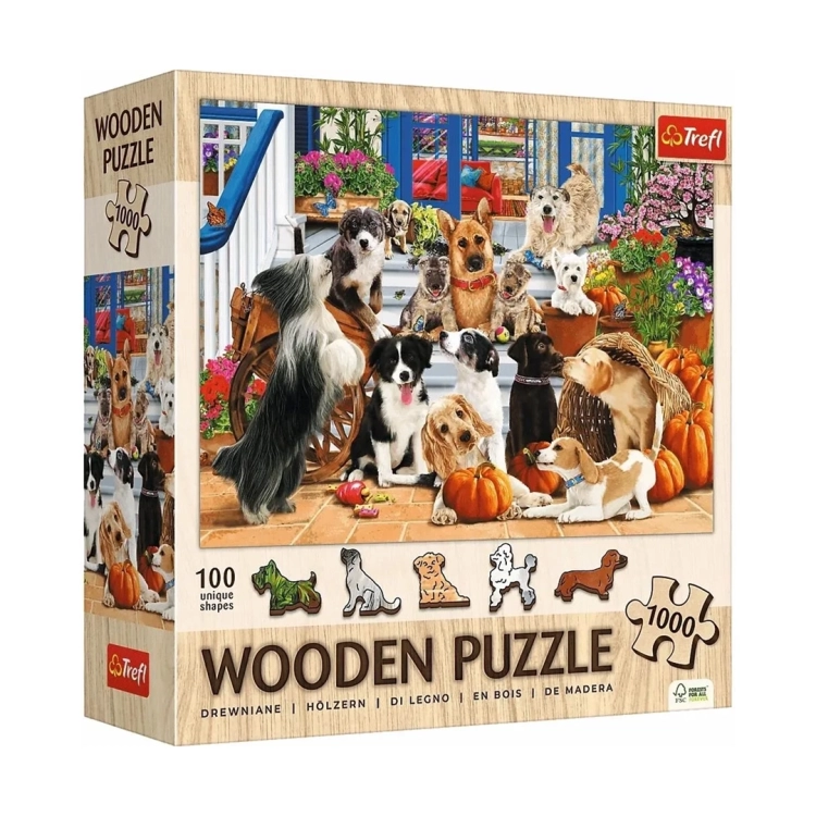 Układanka z drewnianych puzzli Trefl Wood Craft Psia Przyjaźń przedstawiająca psy różnych ras i figurki o unikalnych kształtach.