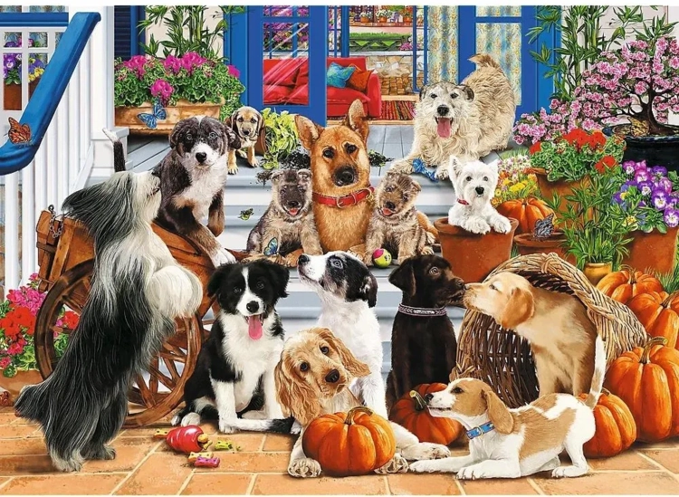 Opakowanie drewnianych puzzli Trefl Wood Craft 1000 elementów Psia Przyjaźń z widocznym obrazkiem psów w ogrodzie.