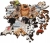 Kolorowa grafika puzzli Trefl Wood Craft Psia Przyjaźń przedstawiająca grupę psów różnych ras wśród kwiatów i dyń.