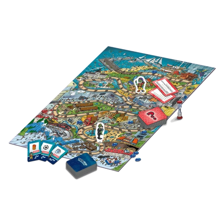 Elementy gry Spy Guy Misja Bezpieczeństwo: plansza, karty, pionki, żetony i klepsydra.