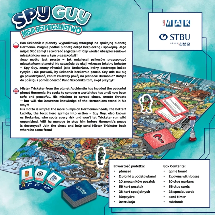 Tył opakowania gry Spy Guy Misja Bezpieczeństwo z opisem fabuły i zawartością pudełka.