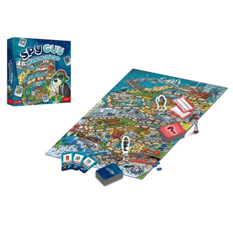Zestaw gry rodzinnej Spy Guy Misja Bezpieczeństwo Trefl – pudełko i rozłożona plansza.
